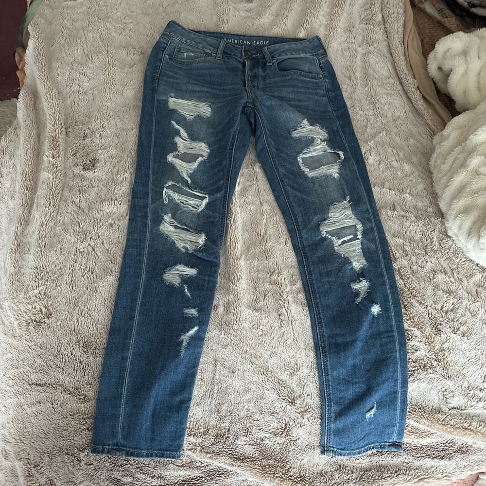 American Eagle Outfitters Blue Skinny Jeans with Distressed Details